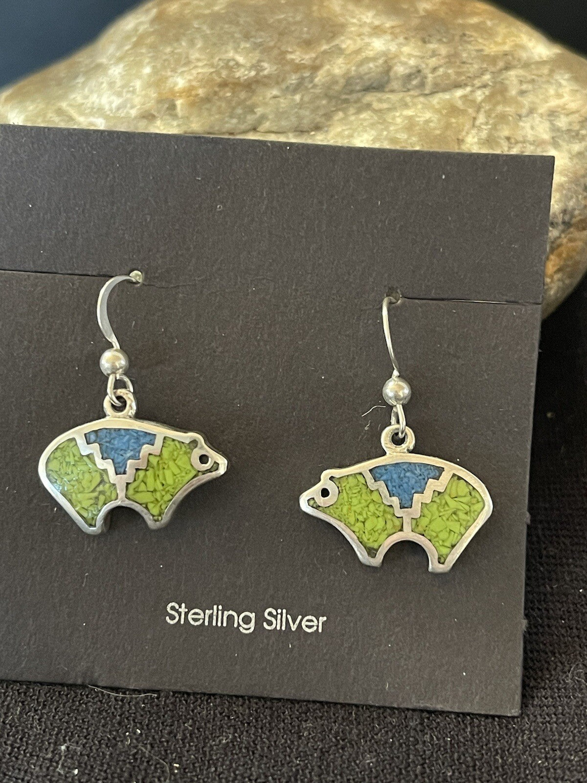 Blue Lapis & Green Turquoise Sterling Silver Bear Inlay Earrings 0.25" 01509