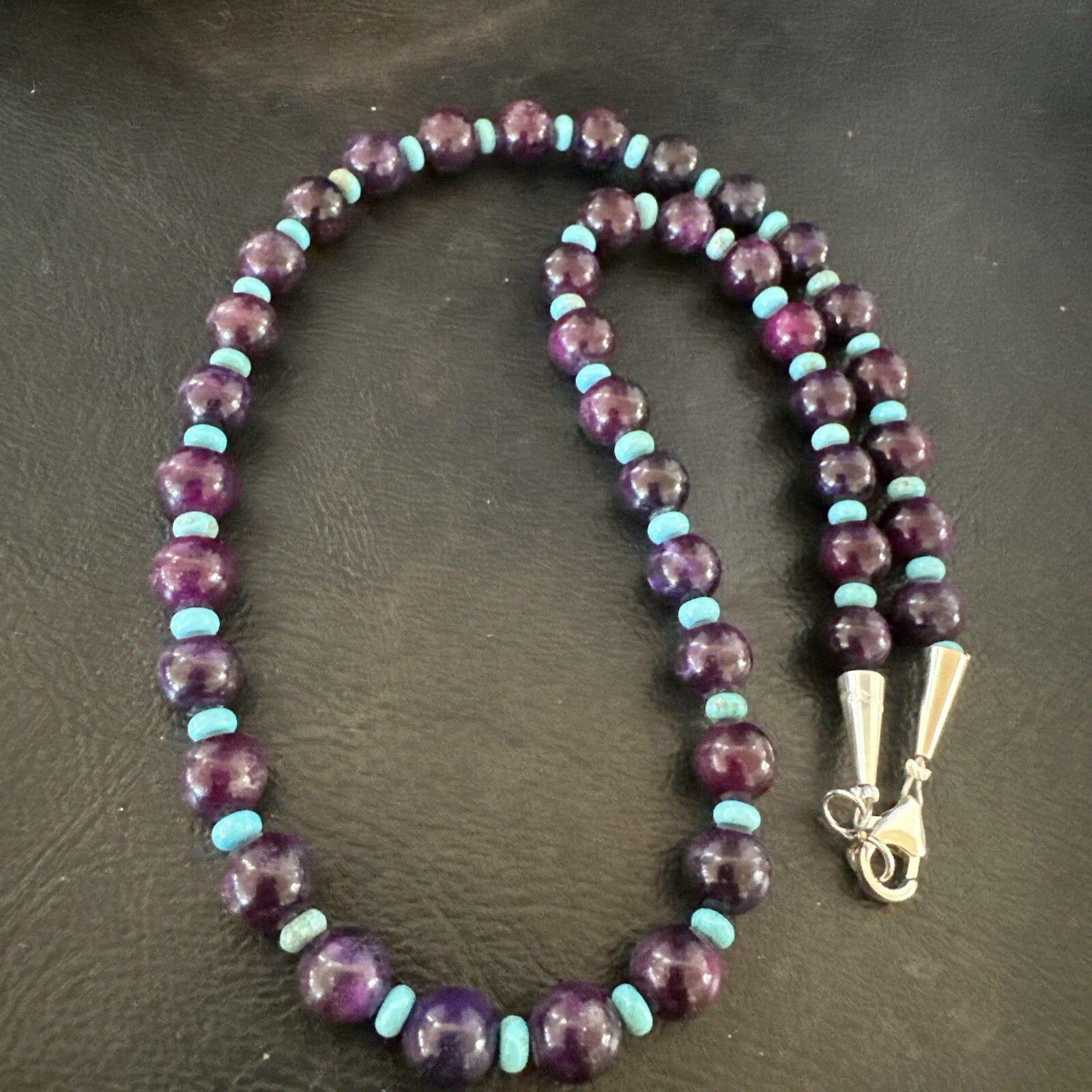 Purple Stone Blue Turquoise Bead Navajo Sterling Silver Necklace 18” 17788