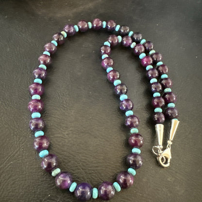 Purple Stone Blue Turquoise Bead Navajo Sterling Silver Necklace 18” 17788