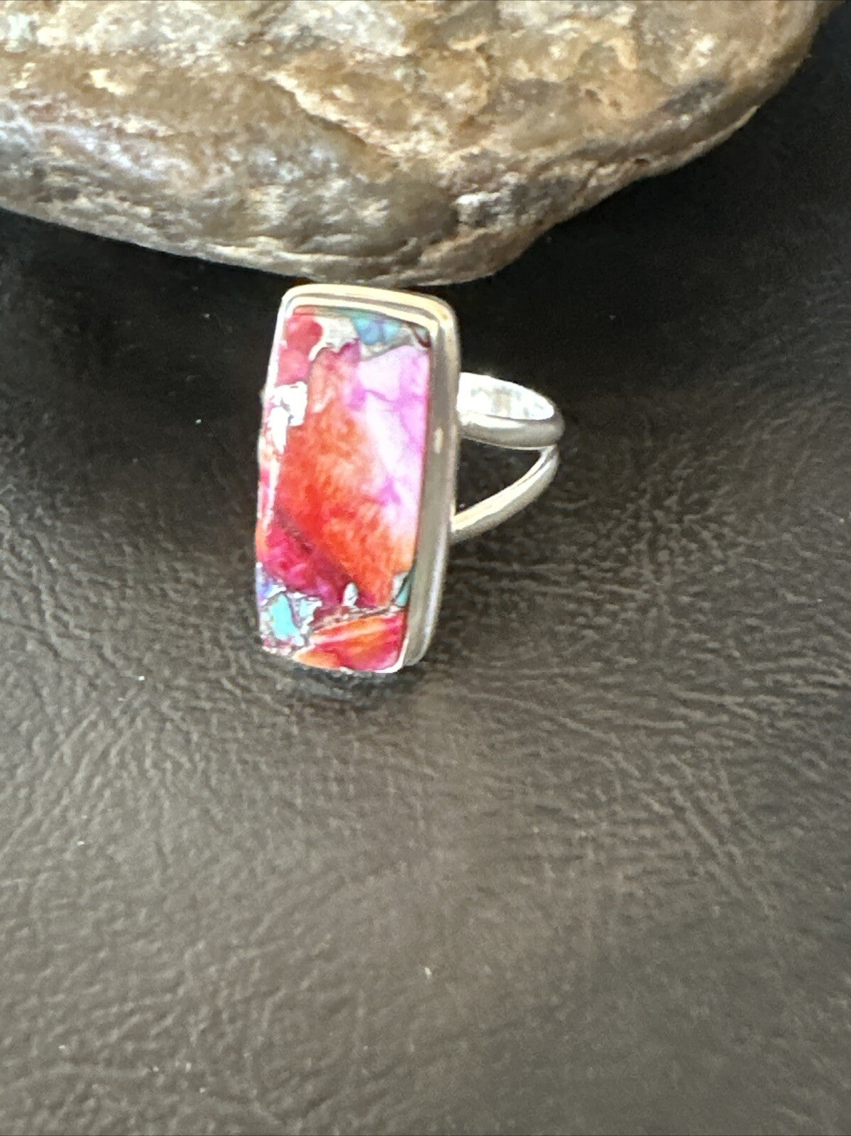 Blue Turquoise Spiny Oyster Southwestern Sterling Silver Ring Size 9 18465