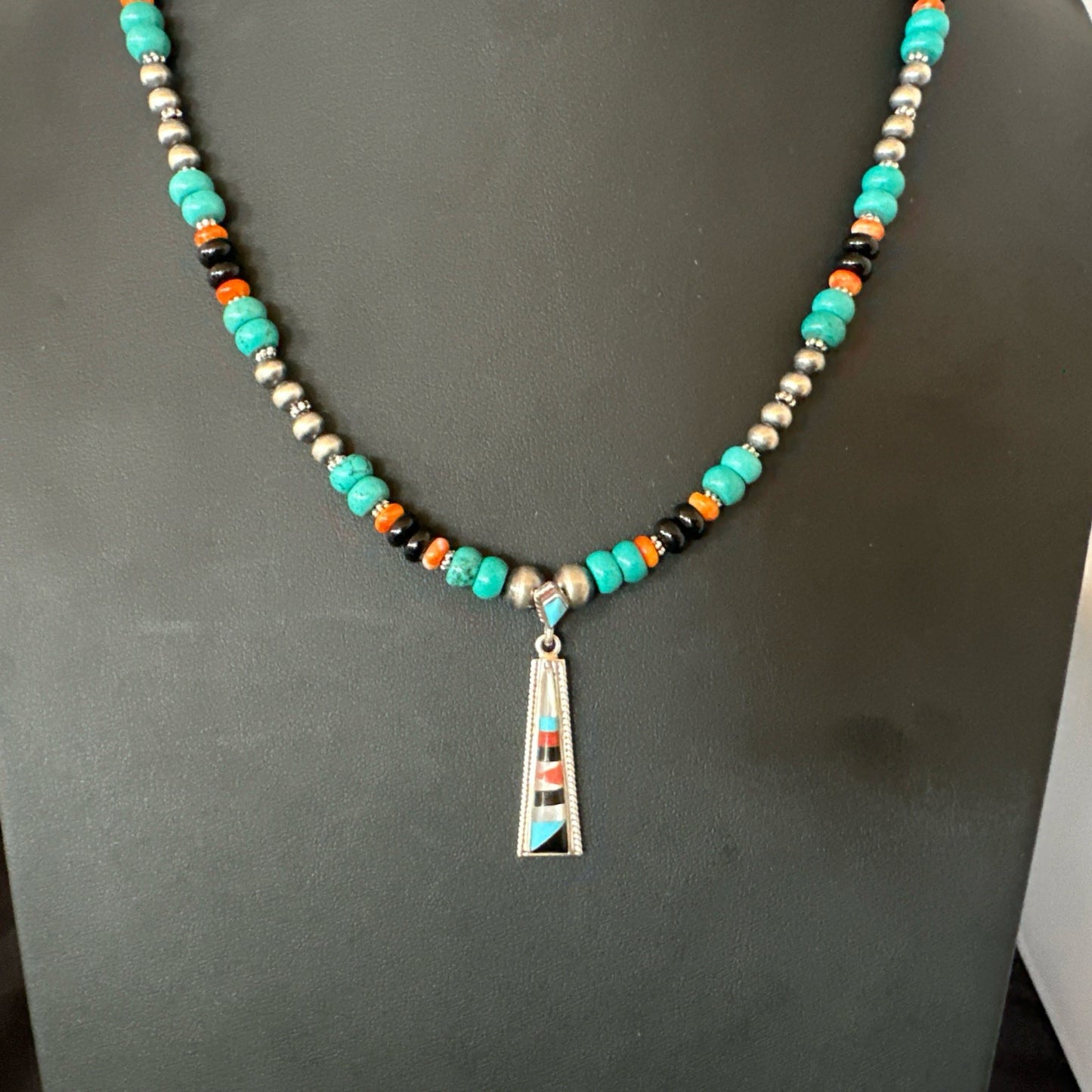 Multicolor Turquoise Spiny  Zuni Sterling Silver Inlay Pendant Necklace 19664