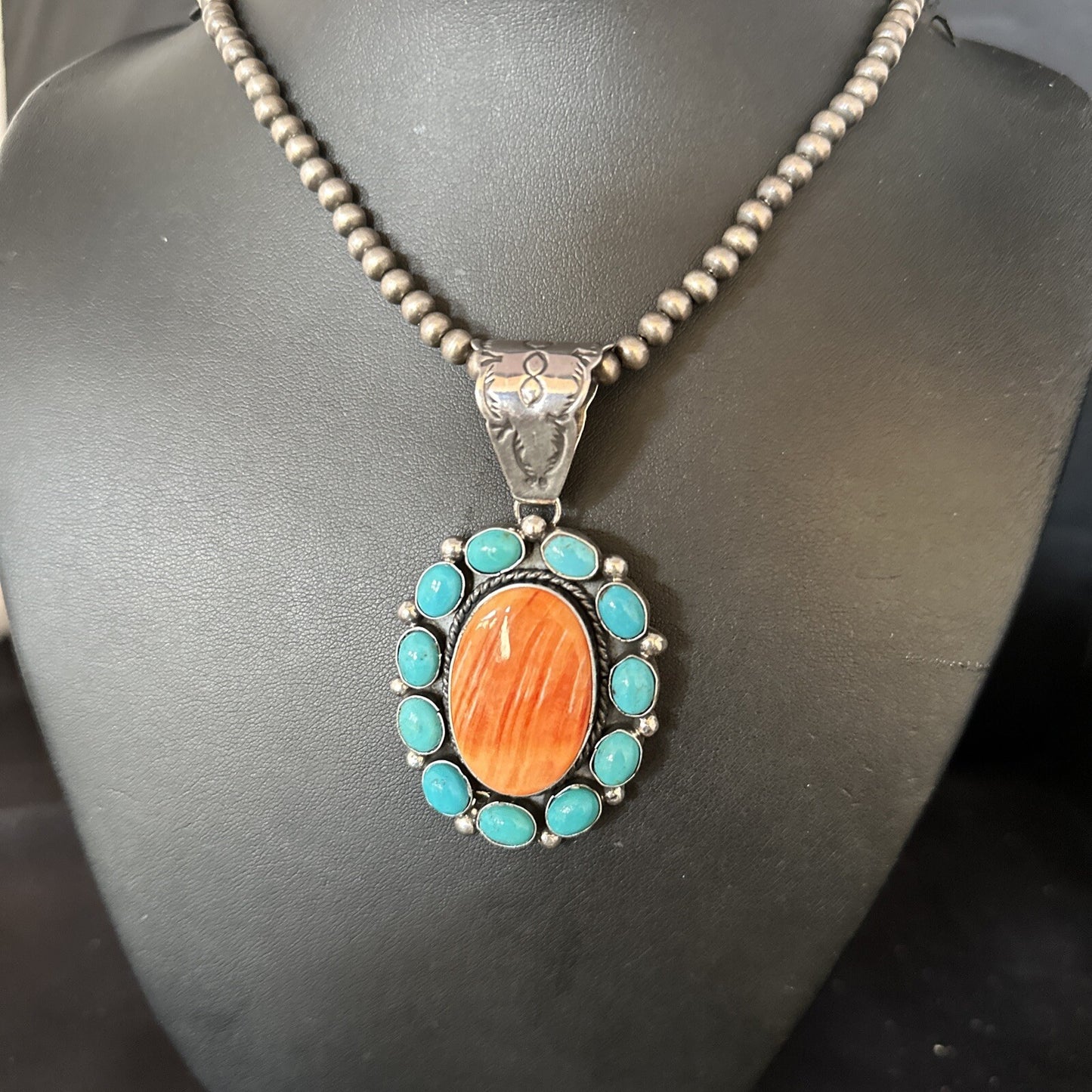 Blue Cluster Kingman Turquoise Sterling Orange Spiny Oyster Pendant 14354