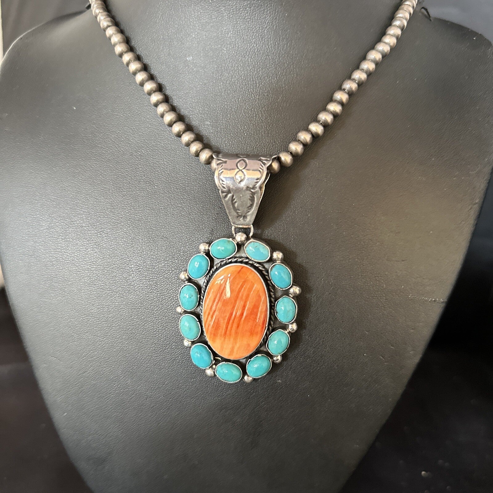 Blue Cluster Kingman Turquoise Sterling Orange Spiny Oyster Pendant 14354