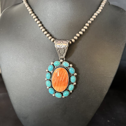 Blue Cluster Kingman Turquoise Sterling Orange Spiny Oyster Pendant 14354