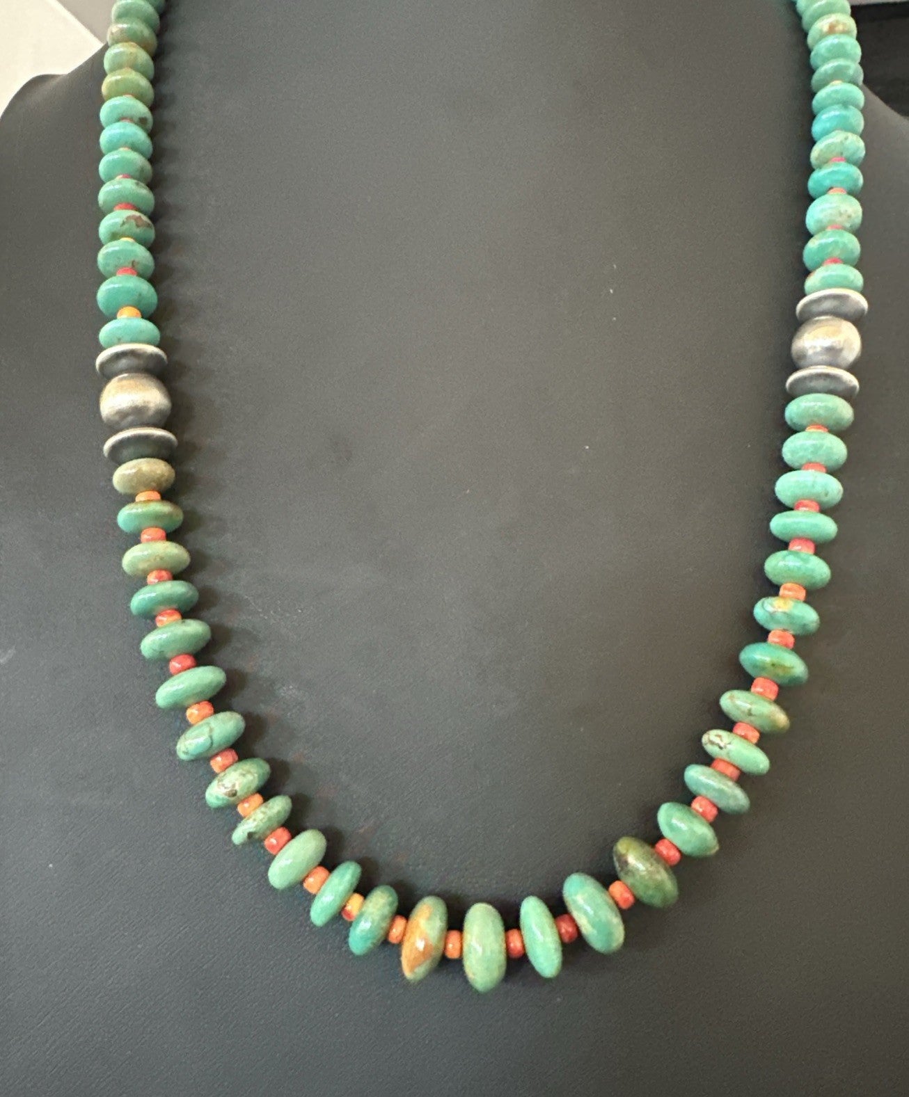 Green Turquoise Spiny Navajo Pearls Sterling Silver Necklace 26” 19682