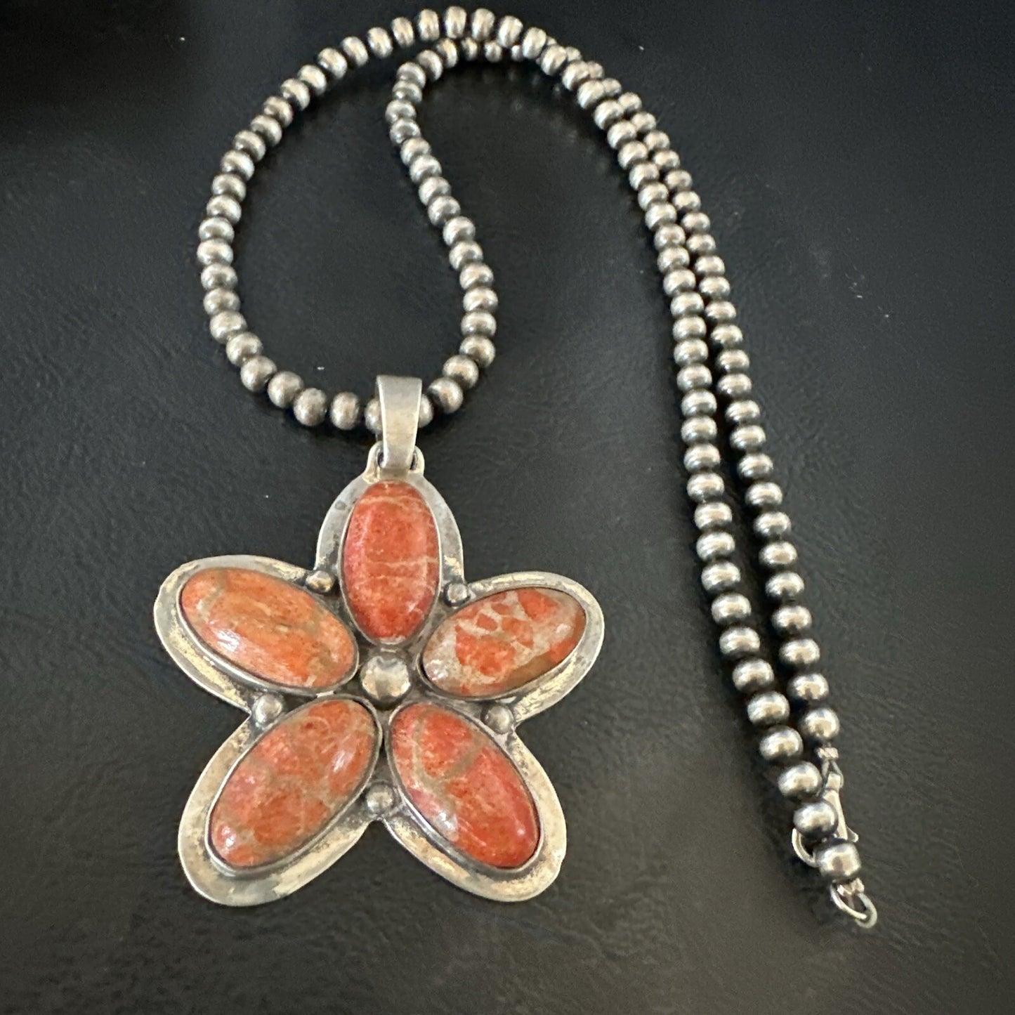 Navajo Apple Sponge Coral Sterling Silver Necklace Pendant 18133