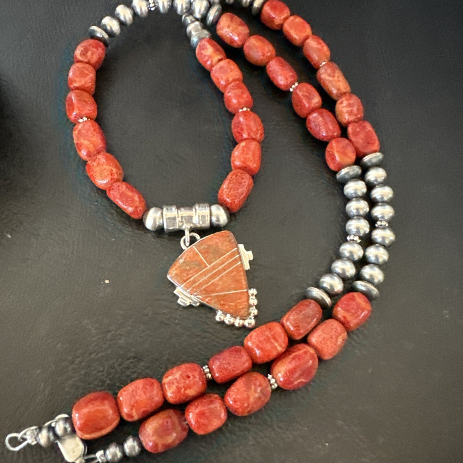 Navajo Apple Sponge Coral Sterling Silver Necklace Inlay Pendant 21” 18685