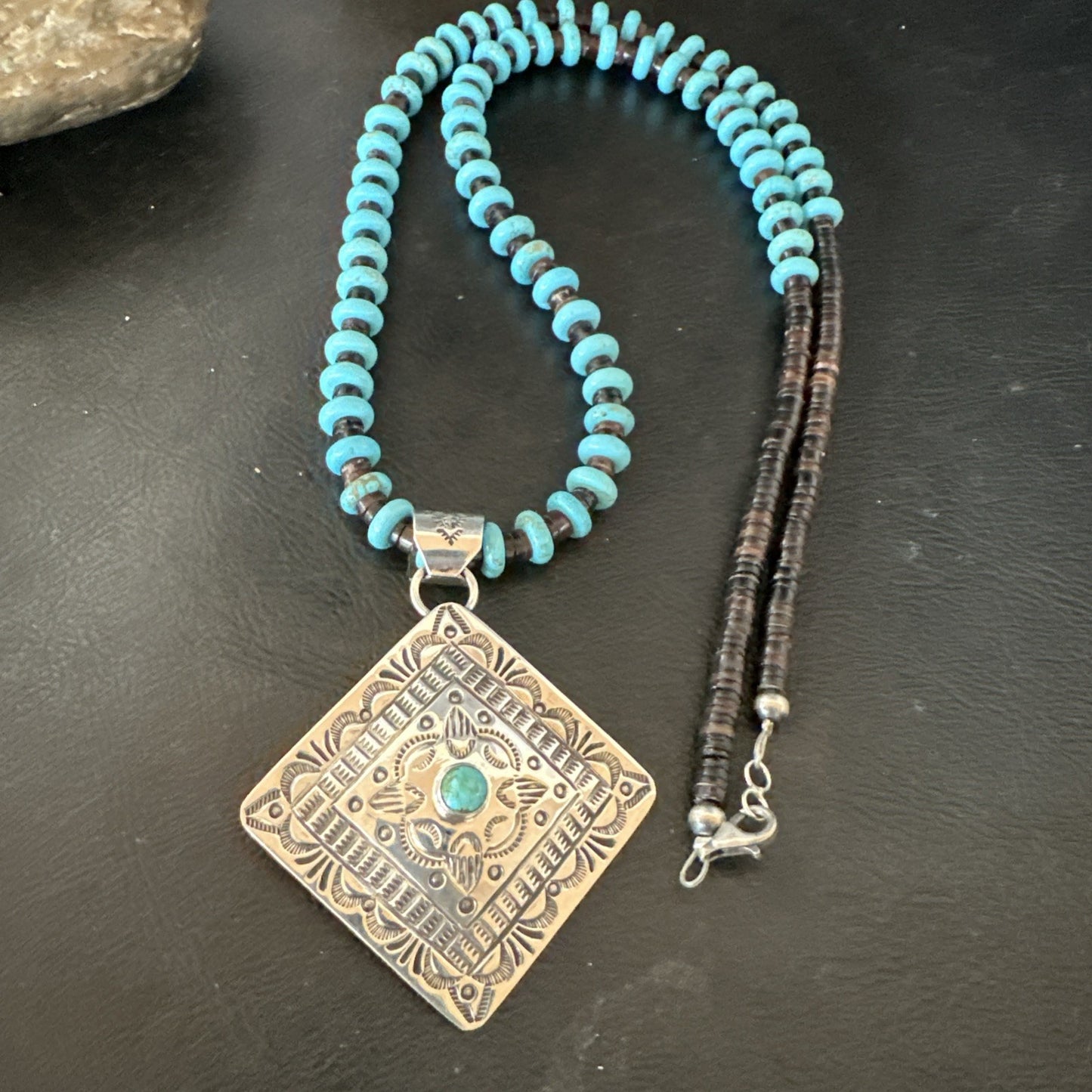 Navajo Blue Turquoise Stamped Pendant Shell Sterling Silver 25” Necklace 19708