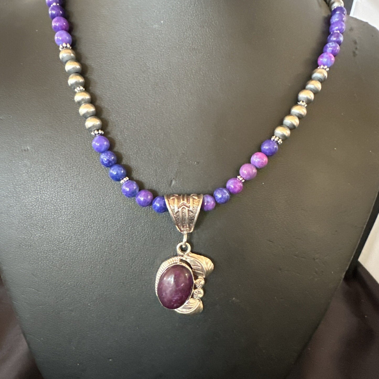 Purple Stone Pendant Navajo Pearls Sterling Silver Necklace 18389