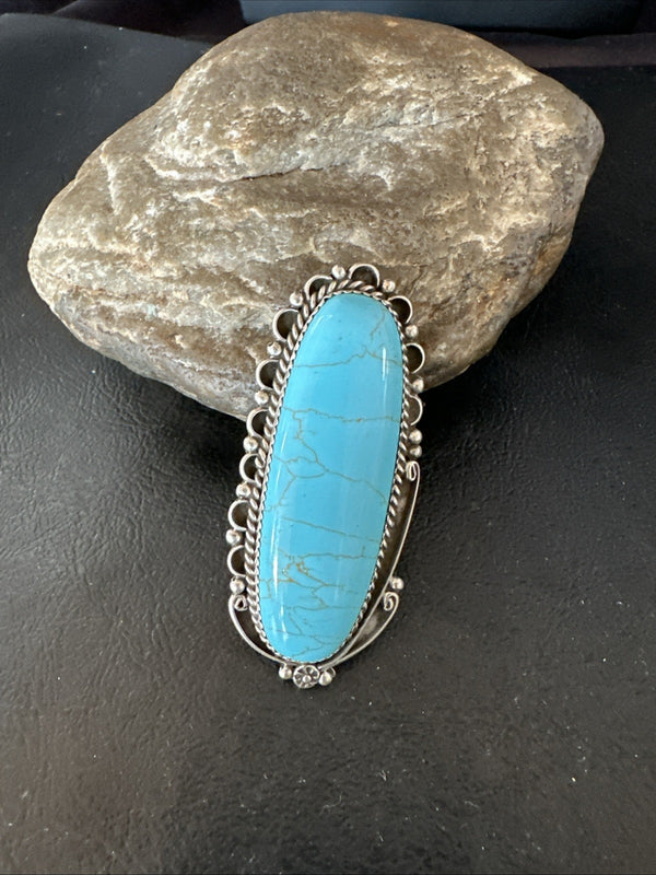 XL Blue Turquoise Navajo Ring Size 10 | Sterling Silver | Authentic Native American Handmade | 19780