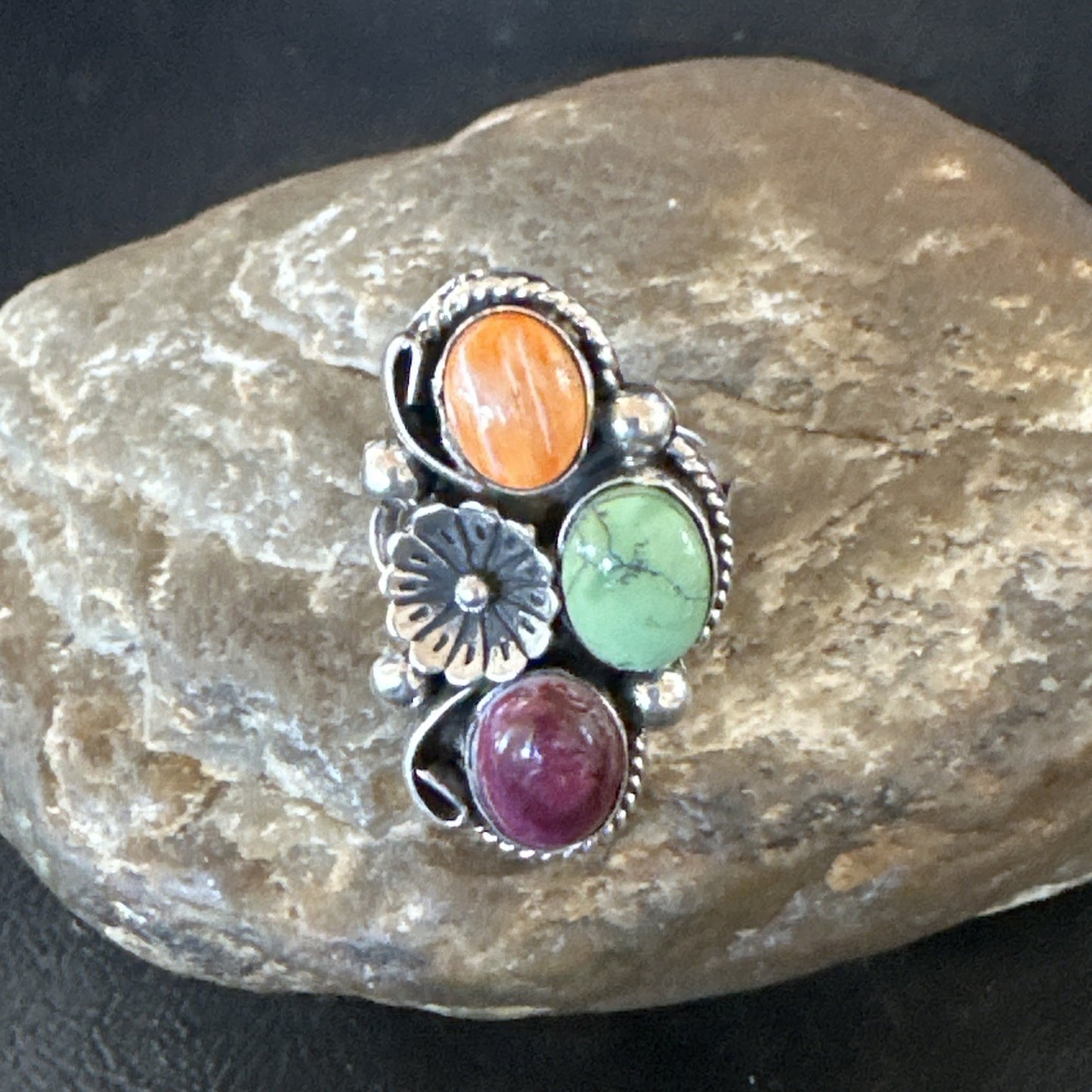 Multicolor Ring Turquoise Spiny Navajo Sterling Silver Cluster Size 7 19179