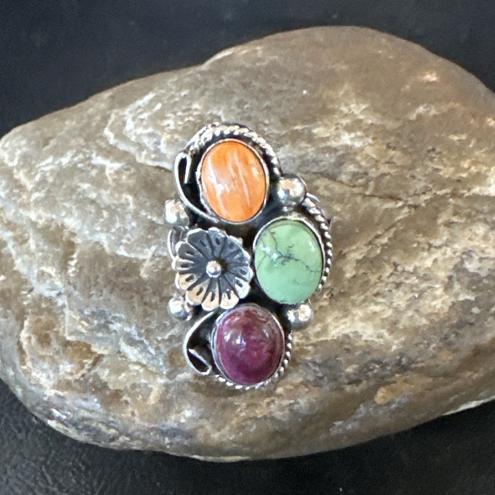 Multicolor Ring Turquoise Spiny Navajo Sterling Silver Cluster Size 7 19179