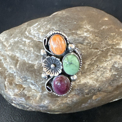 Multicolor Ring Turquoise Spiny Navajo Sterling Silver Cluster Size 7 19179