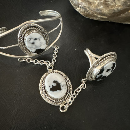 Yazzie Navajo Sterling Silver White Buffalo Turquoise Slave Bracelet Ring 19124