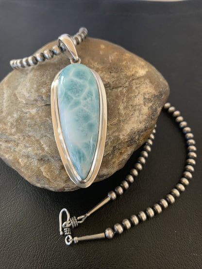 Womens Blue Larimar Pendant Navajo Sterling Silver Beads Necklace 01766