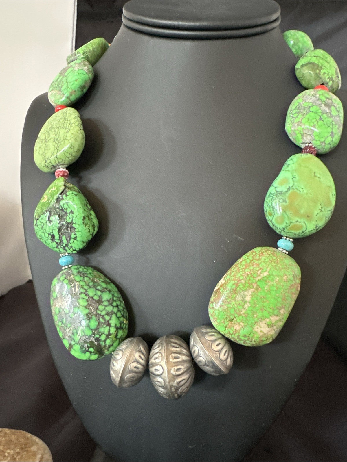 Green Turquoise Chunky Multicolor Southwest Sterling Silver Necklace 21" 19251