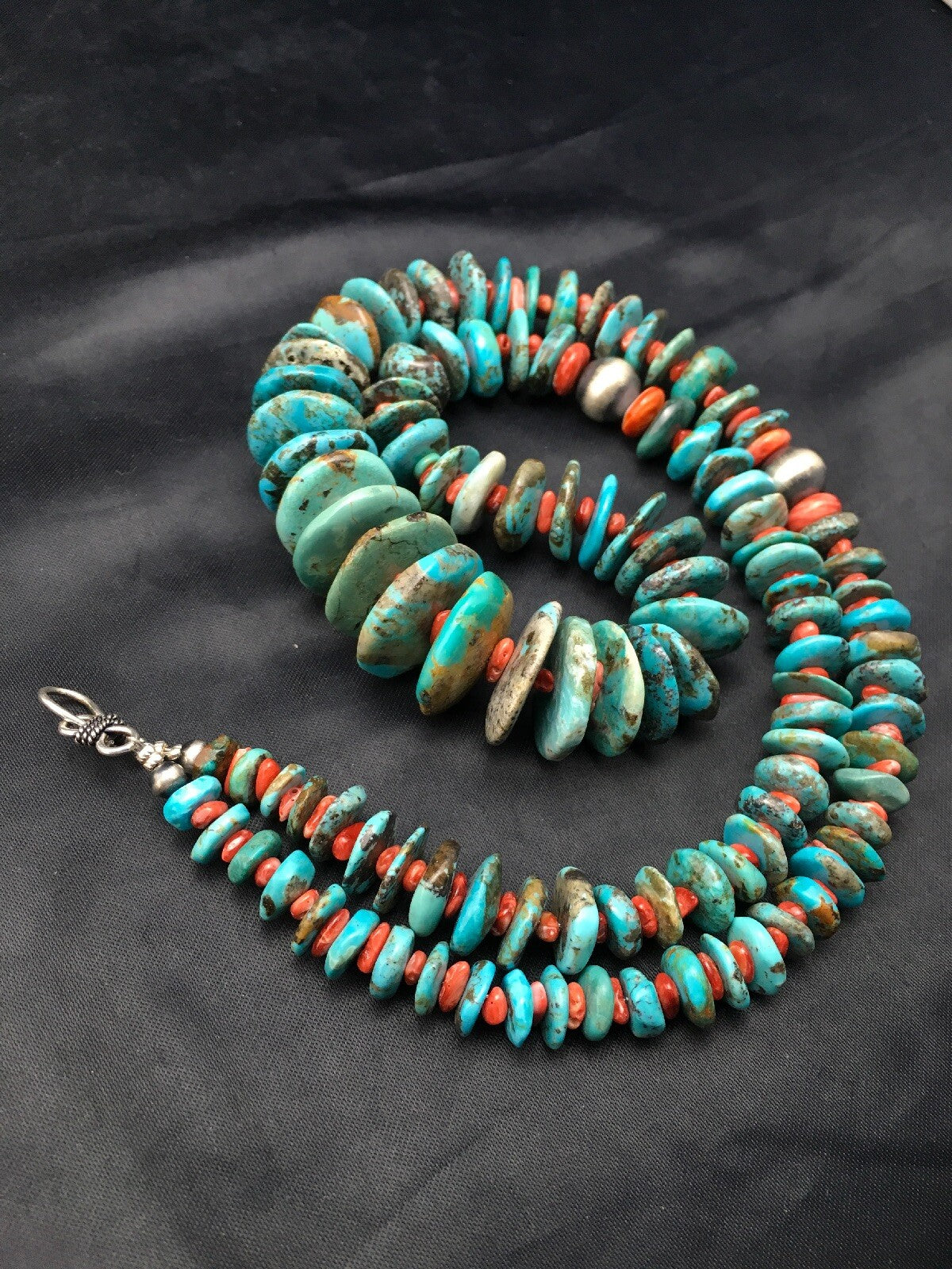 Turquoise & Spiny Oyster Graduated Navajo Sterling Silver Necklace 29" 04362