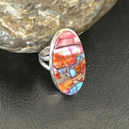 Blue Turquoise Orange Spiny Oyster Navajo Sterling Silver Ring Size 7 18212