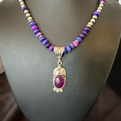 Purple Stone Pendant Navajo Pearls Sterling Silver Necklace 21” 18033