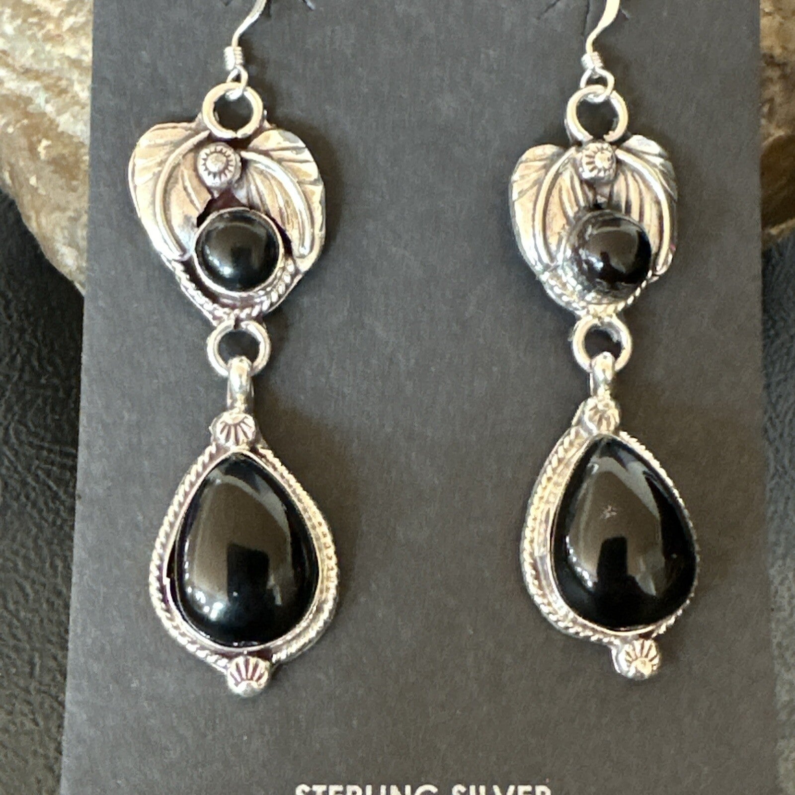 Black Onyx Navajo Sterling Silver Dangle Earrings 1.5" 18292