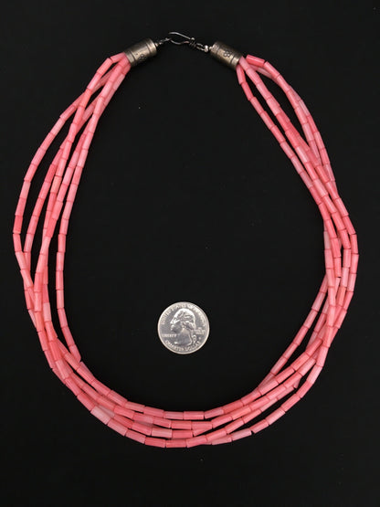 Pink Coral Tube Heishi Bead 5 Strand Navajo Sterling Silver Necklace 19" 1102
