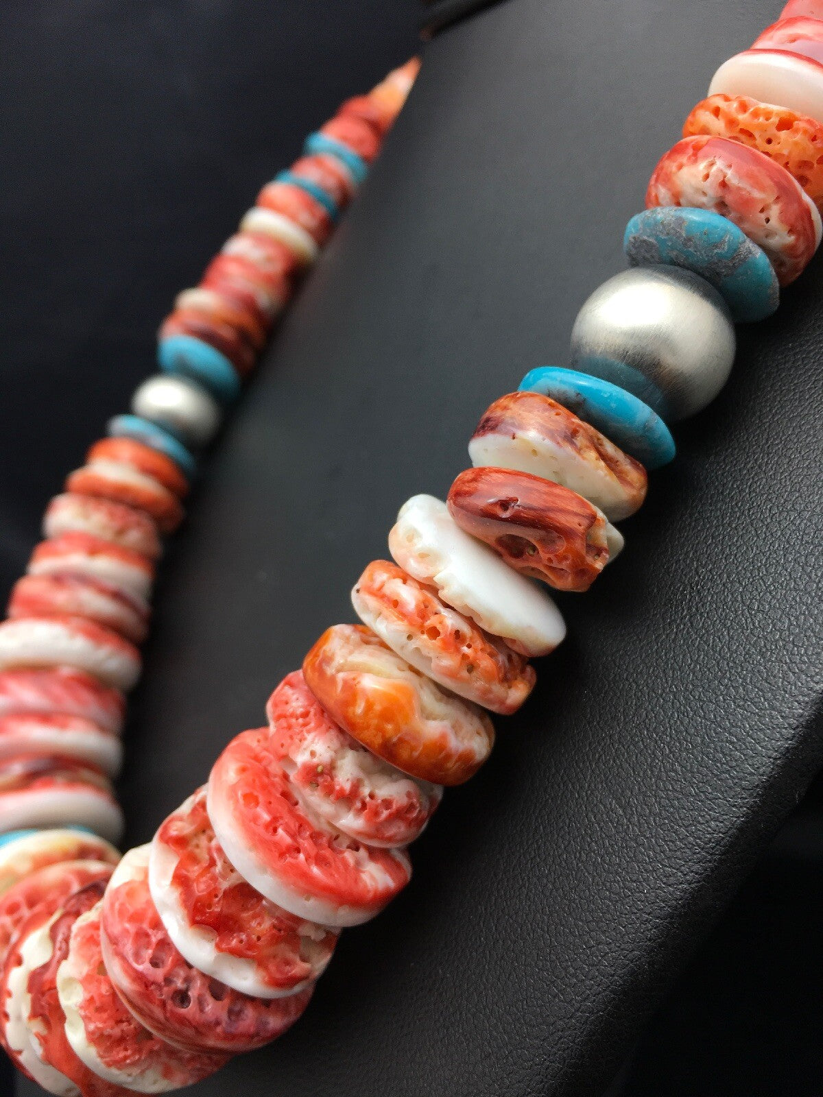 Native Spiny Oyster Graduated Necklace Navajo Sterling Silver 20" 4177