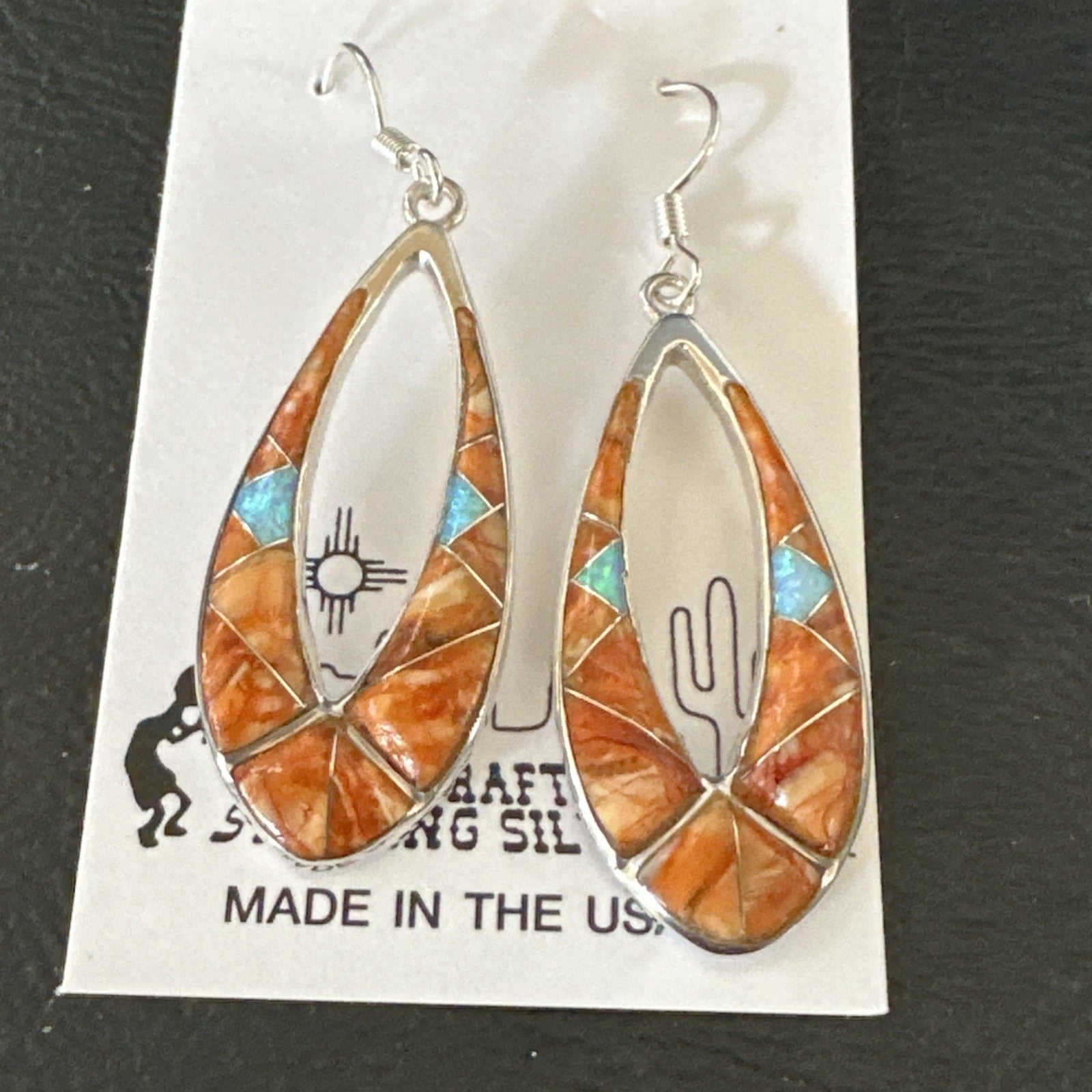 Women Opal Spiny Oyster Inlay Southwestern Sterling Silver Dangle Earrings 19136