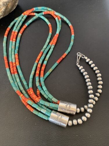Navajo Green Royston Turquoise Spiny Necklace Sterling Silver 26" 10469