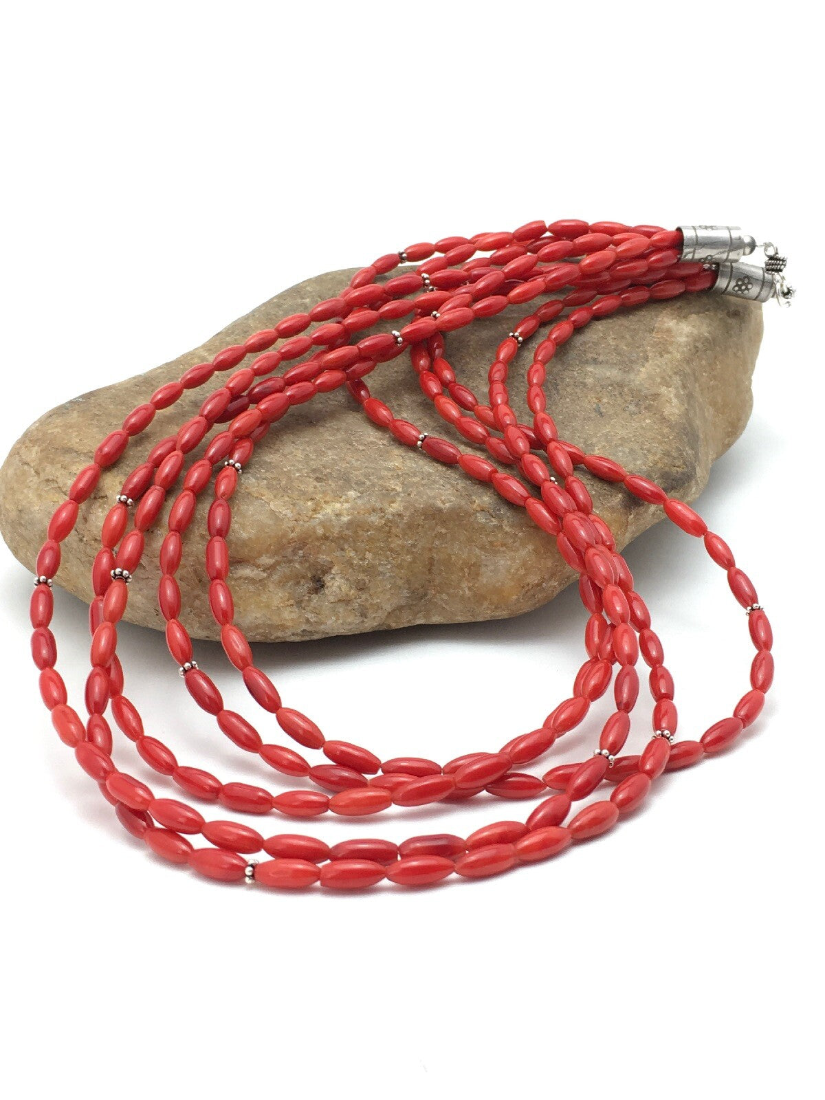 Red Bamboo Coral 5 Strand Navajo Pearls Sterling Silver Necklace 22" 04165