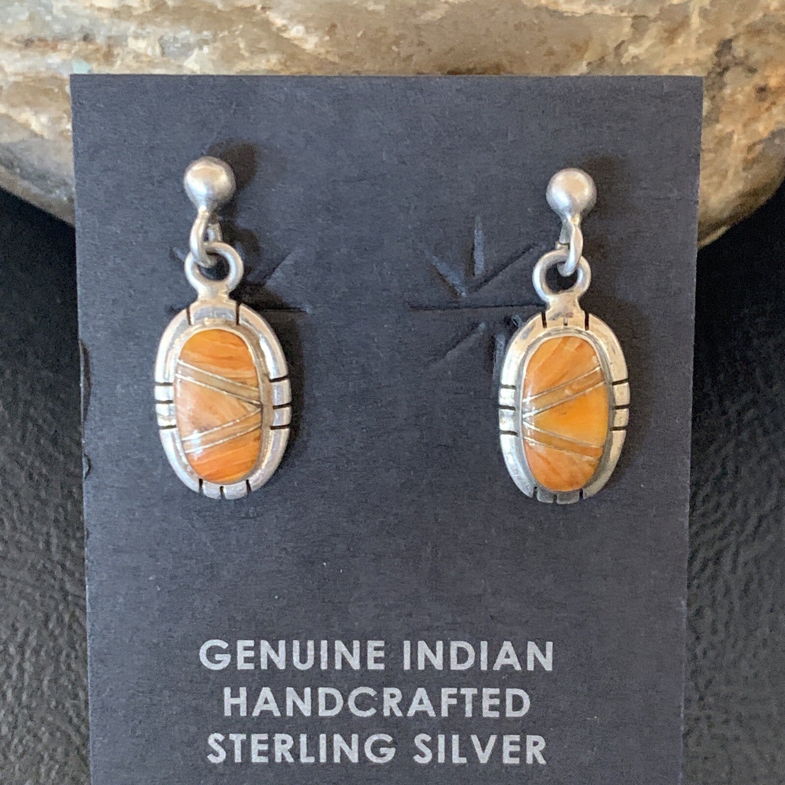 Orange Spiny Oyster Navajo Sterling Silver Dangle Inlay Earrings 12680