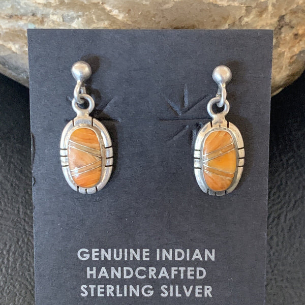 Orange Spiny Oyster Navajo Dangle Inlay Earrings | Sterling Silver | Authentic Native American Handmade | 12680