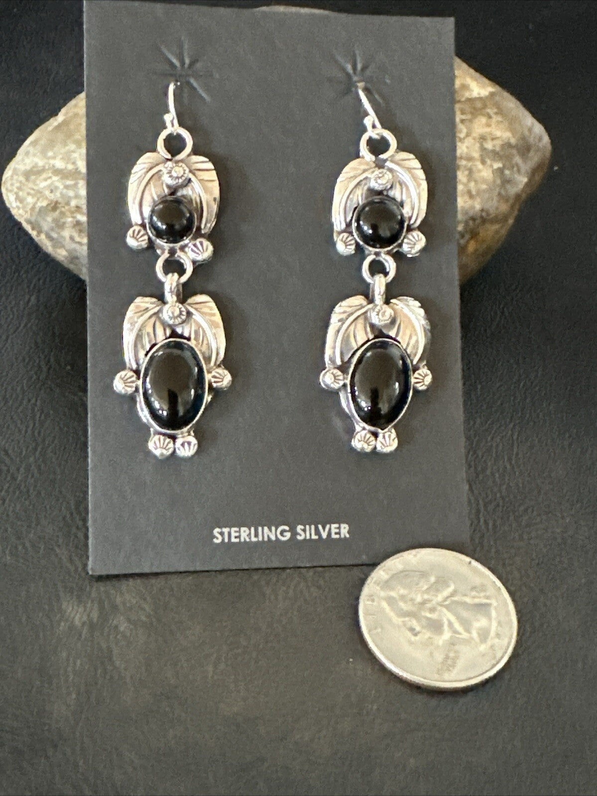 Black Onyx Navajo Sterling Silver Dangle Earrings 1.5" 18285