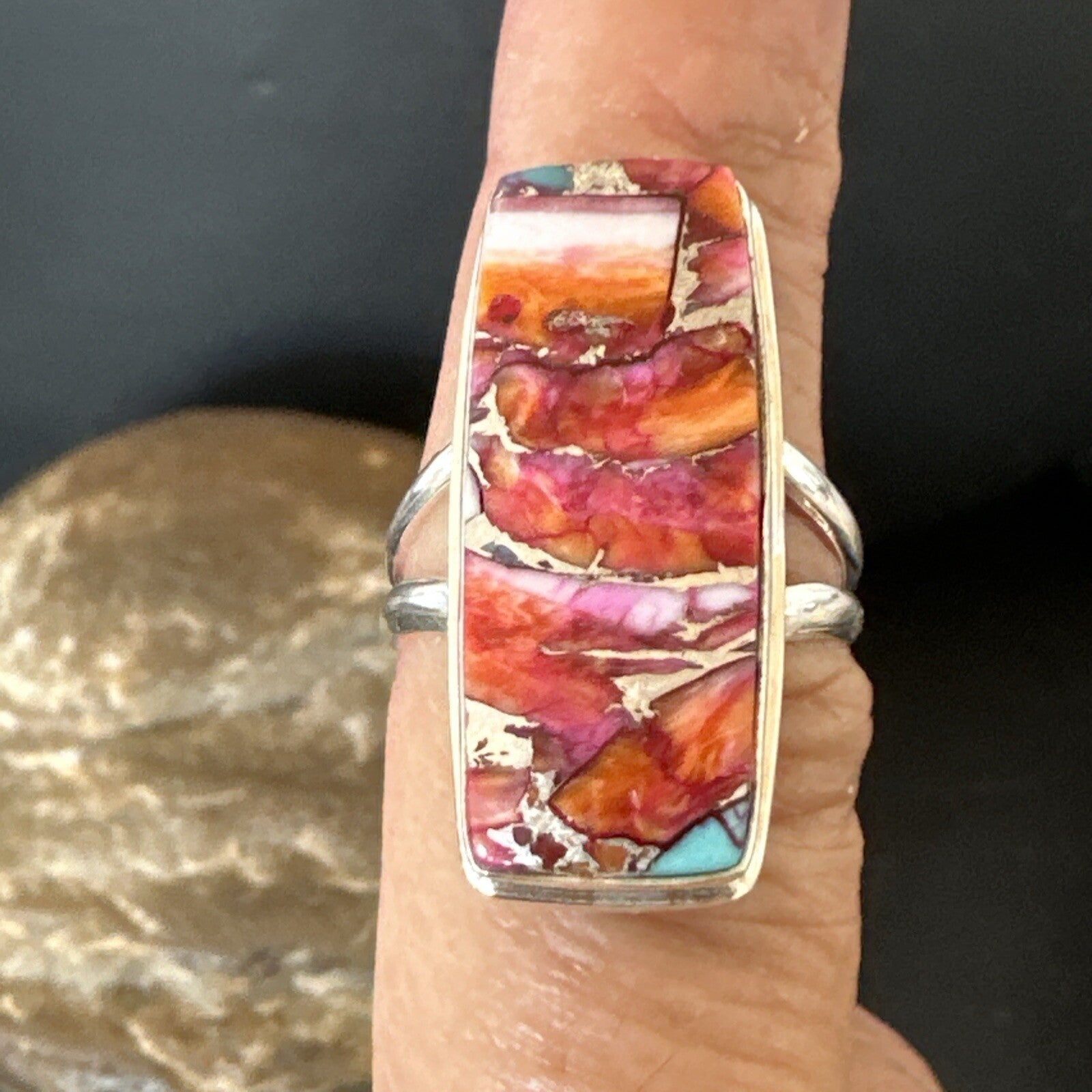 Blue Turquoise Purple Spiny Oyster Navajo Sterling Silver Ring Size 8 18218