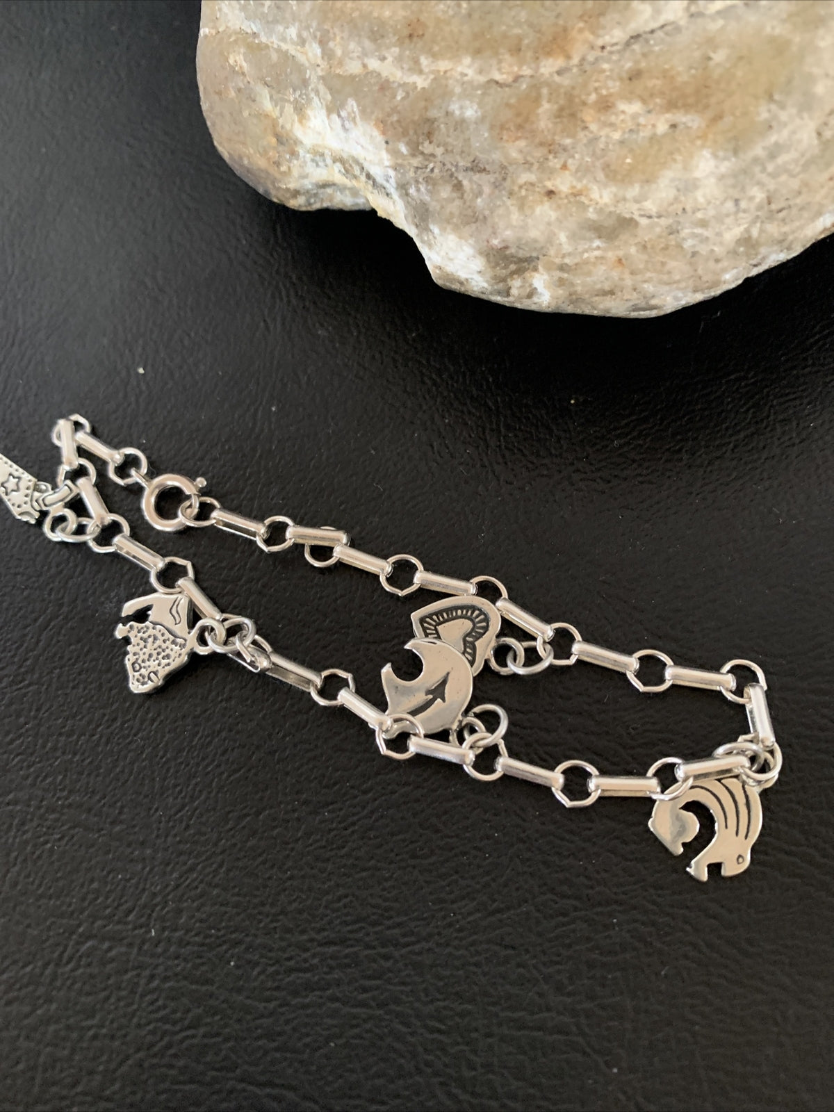 Kokopelli Different Charms Navajo Sterling Silver Link Bracelet 7.5" 1464