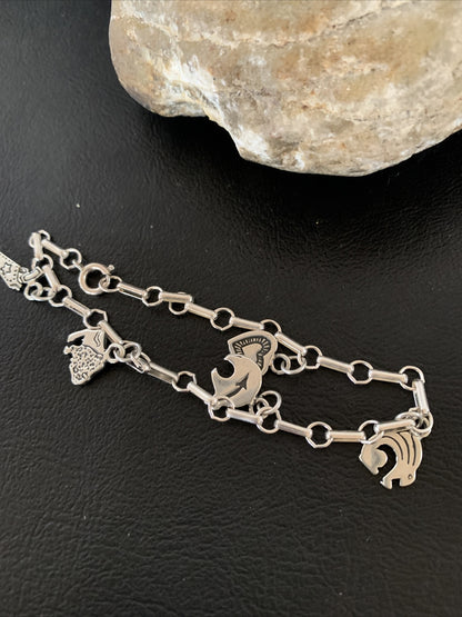 Kokopelli Different Charms Navajo Sterling Silver Link Bracelet 7.5" 1464