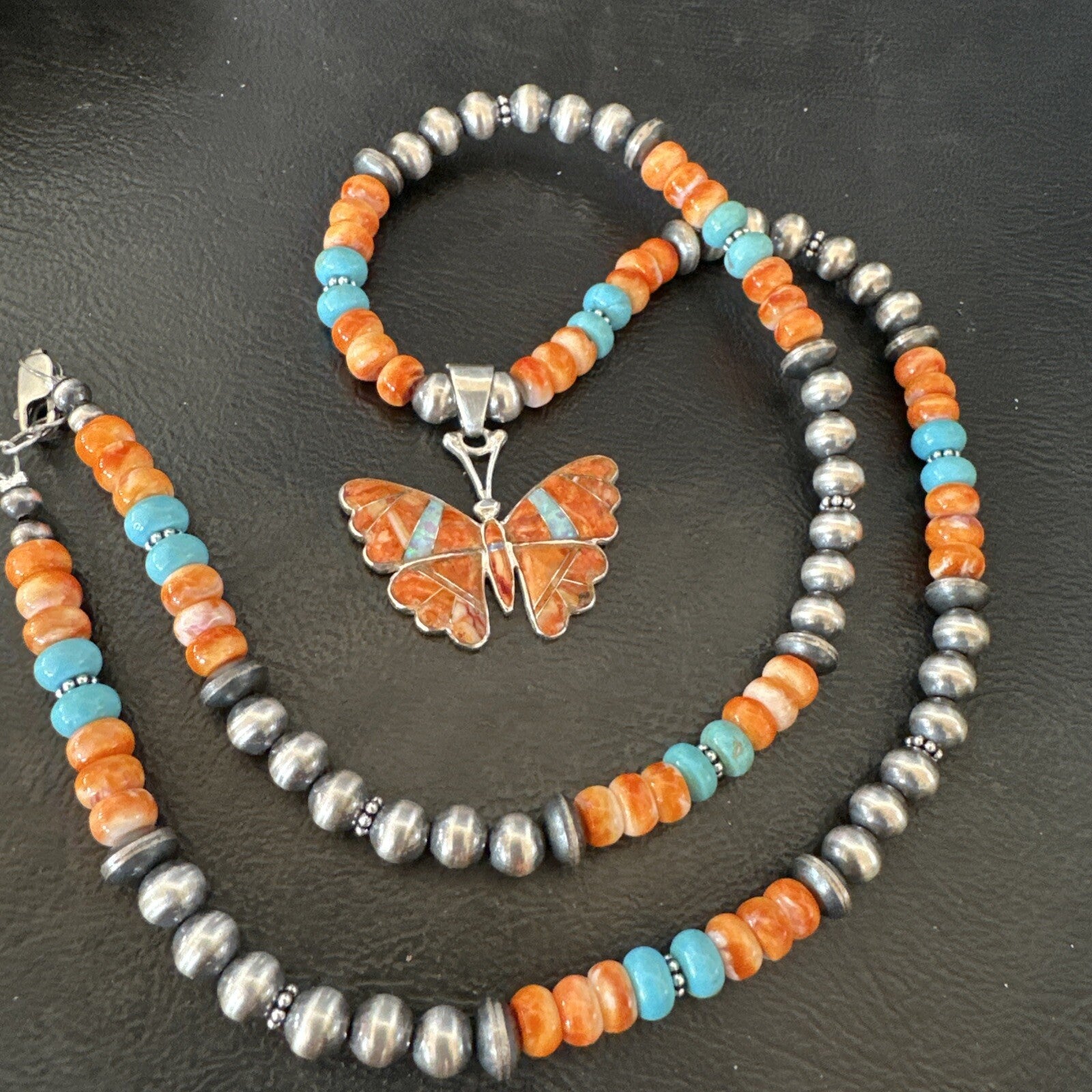 Butterfly Orange Spiny Turquoise Opal Sterling Silver  Necklace Pendant 18677