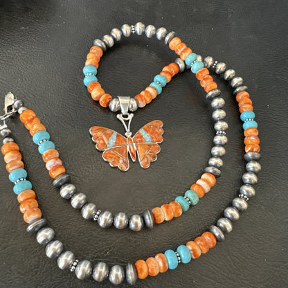 Butterfly Orange Spiny Turquoise Opal Sterling Silver  Necklace Pendant 18677