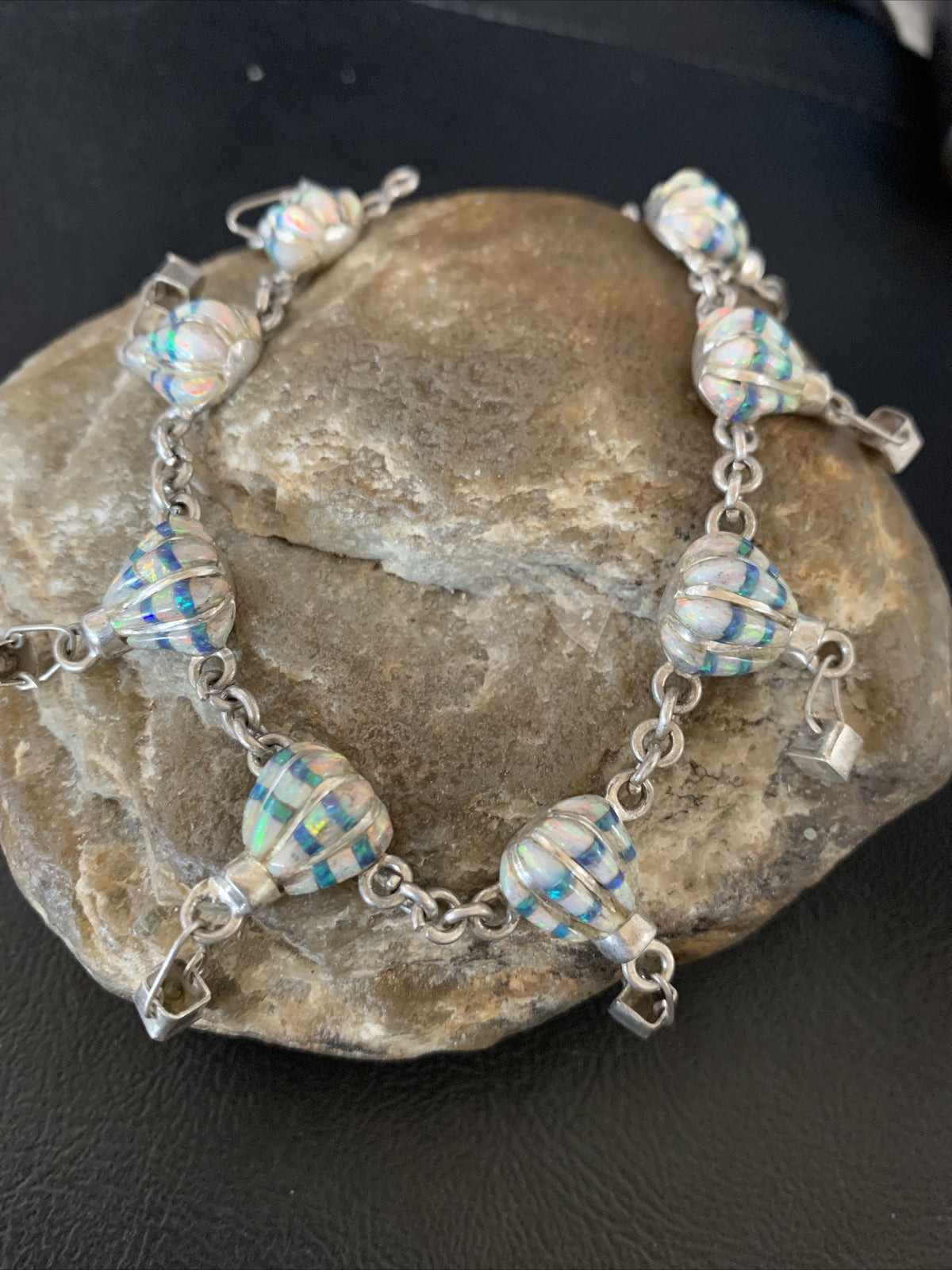 White Blue Opal Balloon Navajo Sterling Silver Link Inlay Bracelet 7.5" 12922