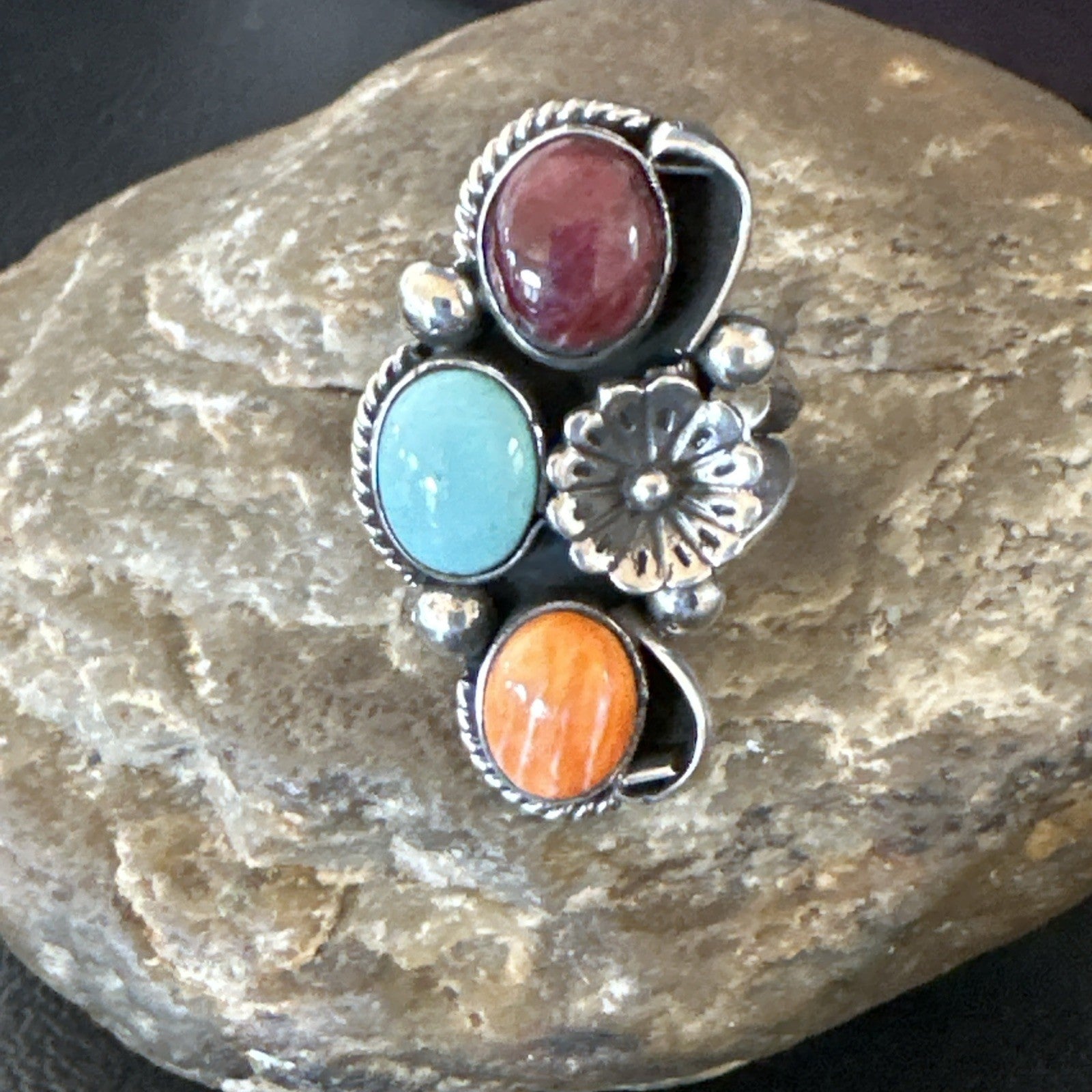Multicolor Ring Turquoise Spiny Navajo Sterling Silver Cluster Size 8.5 19166