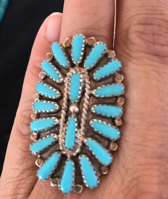 Blue Turquoise Southwestern Sterling Silver Cluster Ring Size 7.5 03471