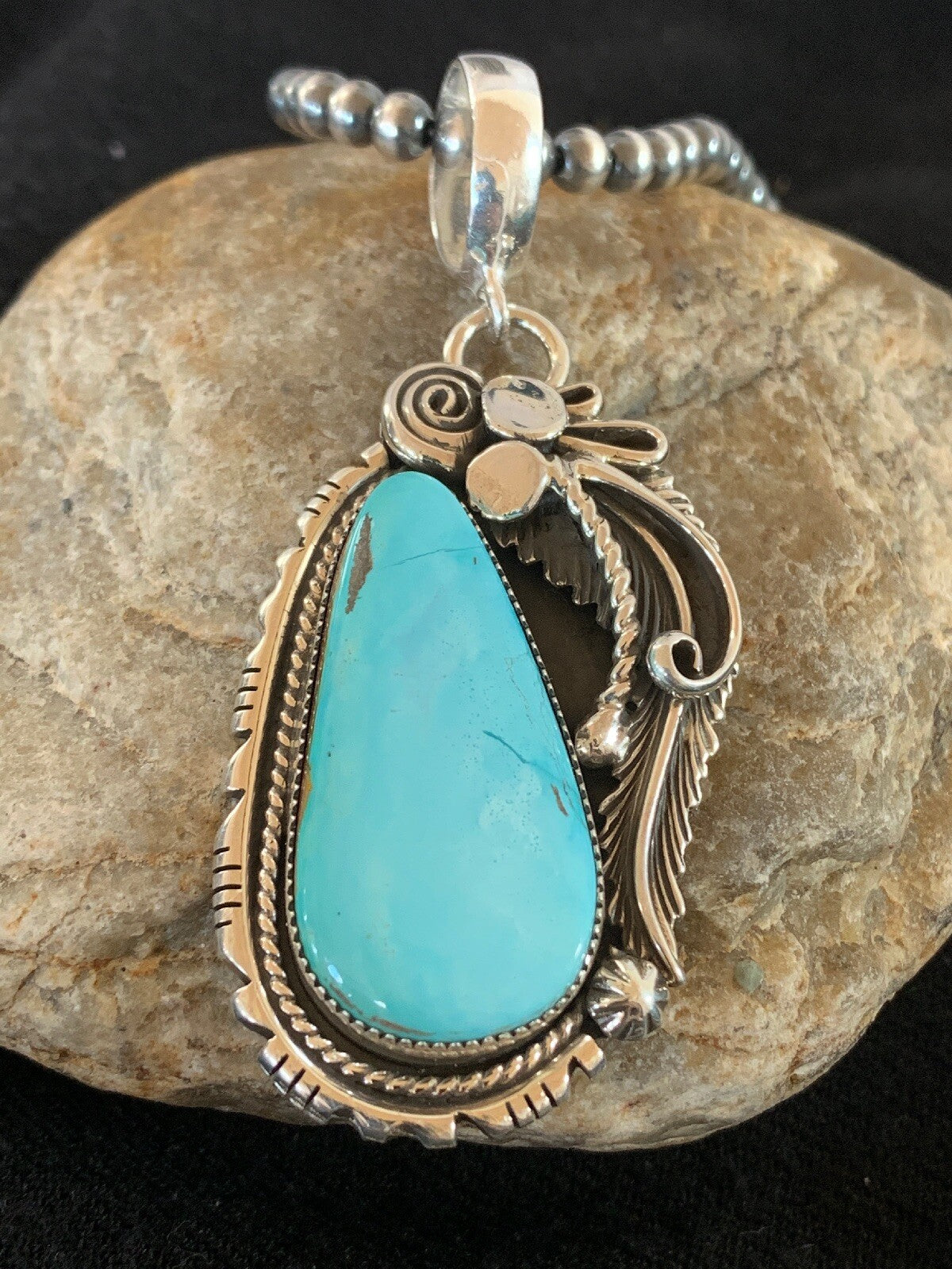 Royston Turquoise Pendant Navajo Sterling Silver Beads Necklace 08735