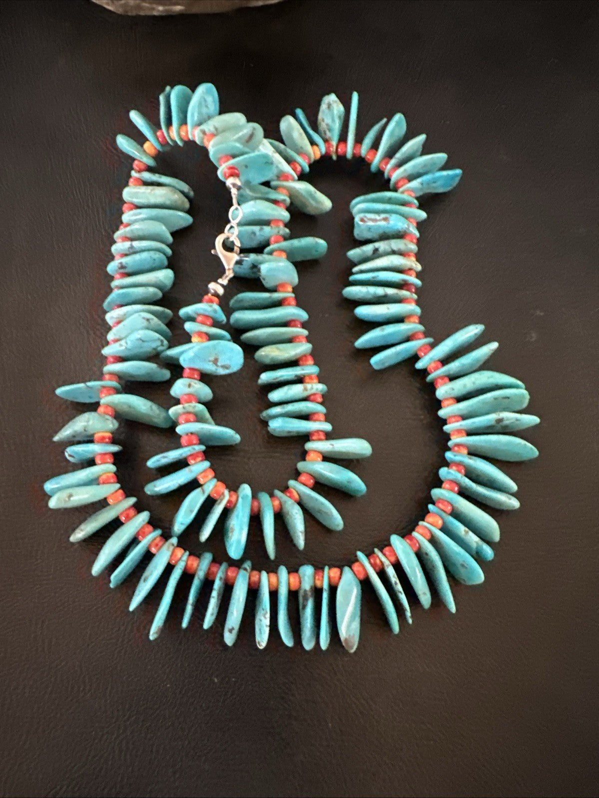 Large Blue Turquoise Red Spiny Navajo Pearls Sterling Silver Necklace 21" 19319