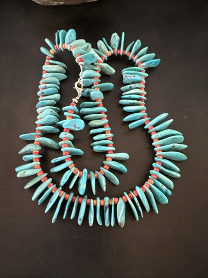 Large Blue Turquoise Red Spiny Navajo Pearls Sterling Silver Necklace 21" 19319