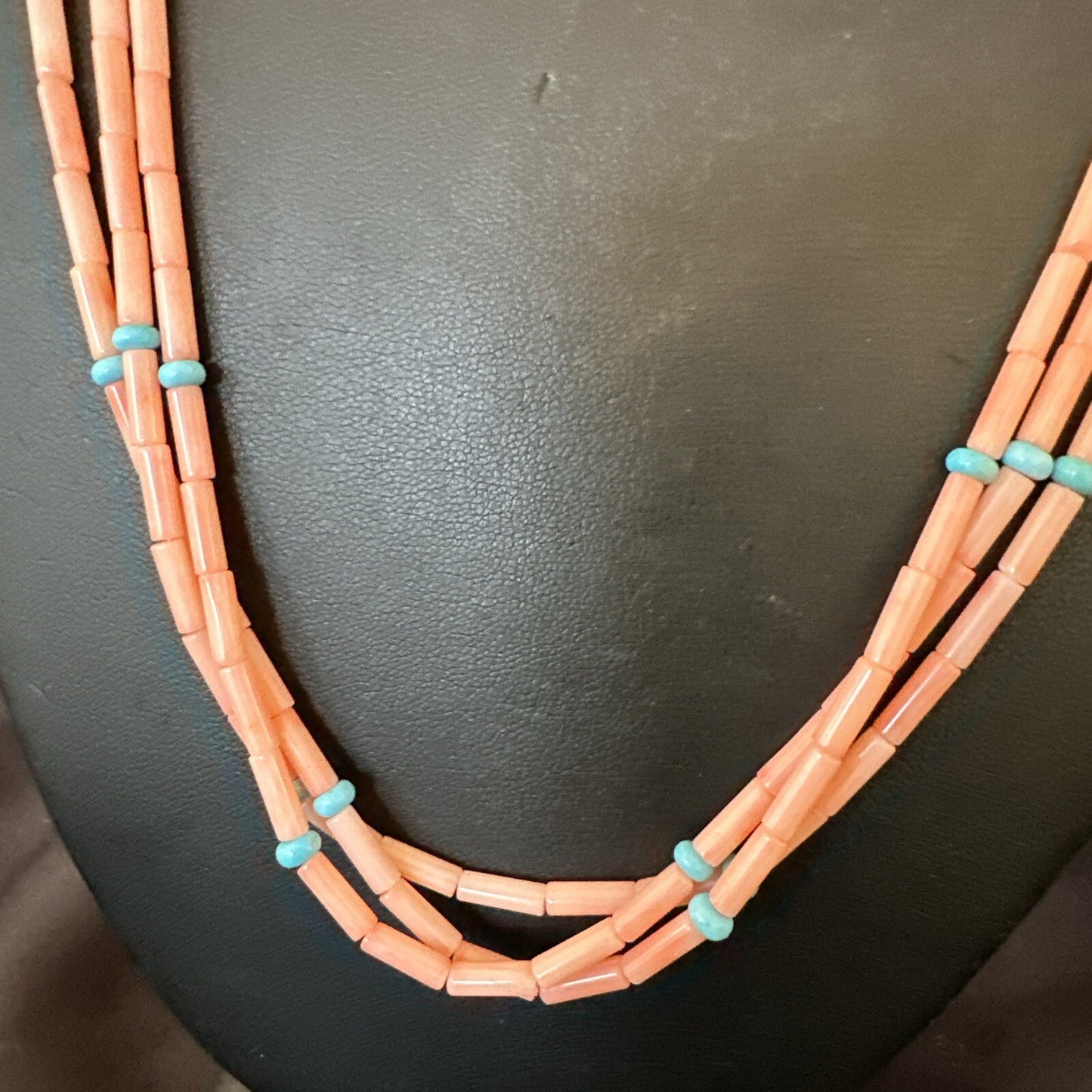 Native American Turquoise Pink Coral Sterling Silver 3 Strand Necklace 21" 17816