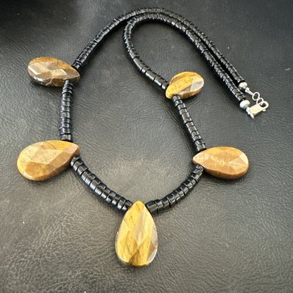 Coffee Brown Tigers Eye Black Onyx Sterling Silver Pendant Necklace 20" 18356