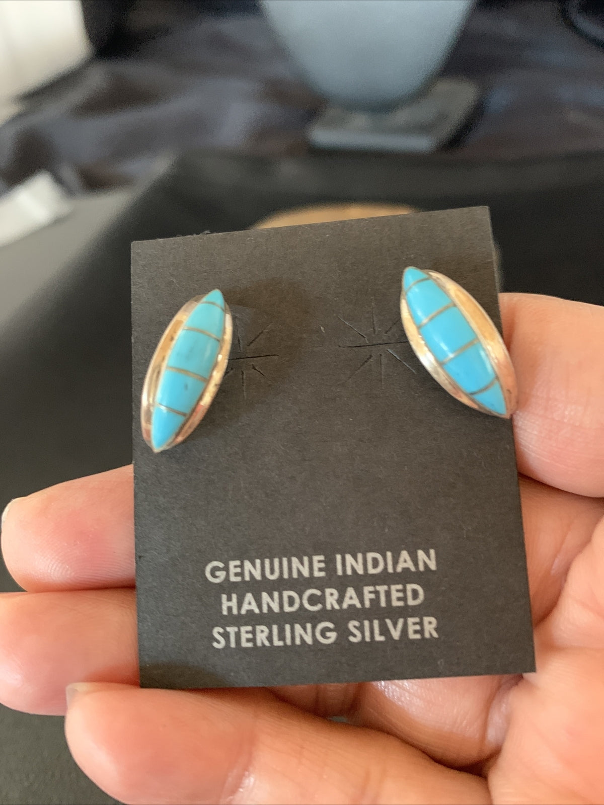 Southwestern Zuni Blue Turquoise Sterling Silver Inlay Hoop Earrings 0.75" 13023