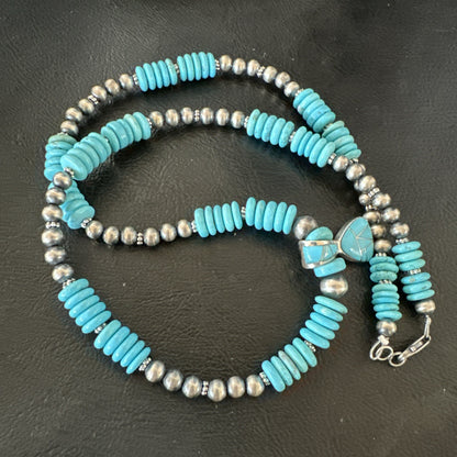 Blue Turquoise Inlay Pendant Navajo Sterling Silver Necklace 19513