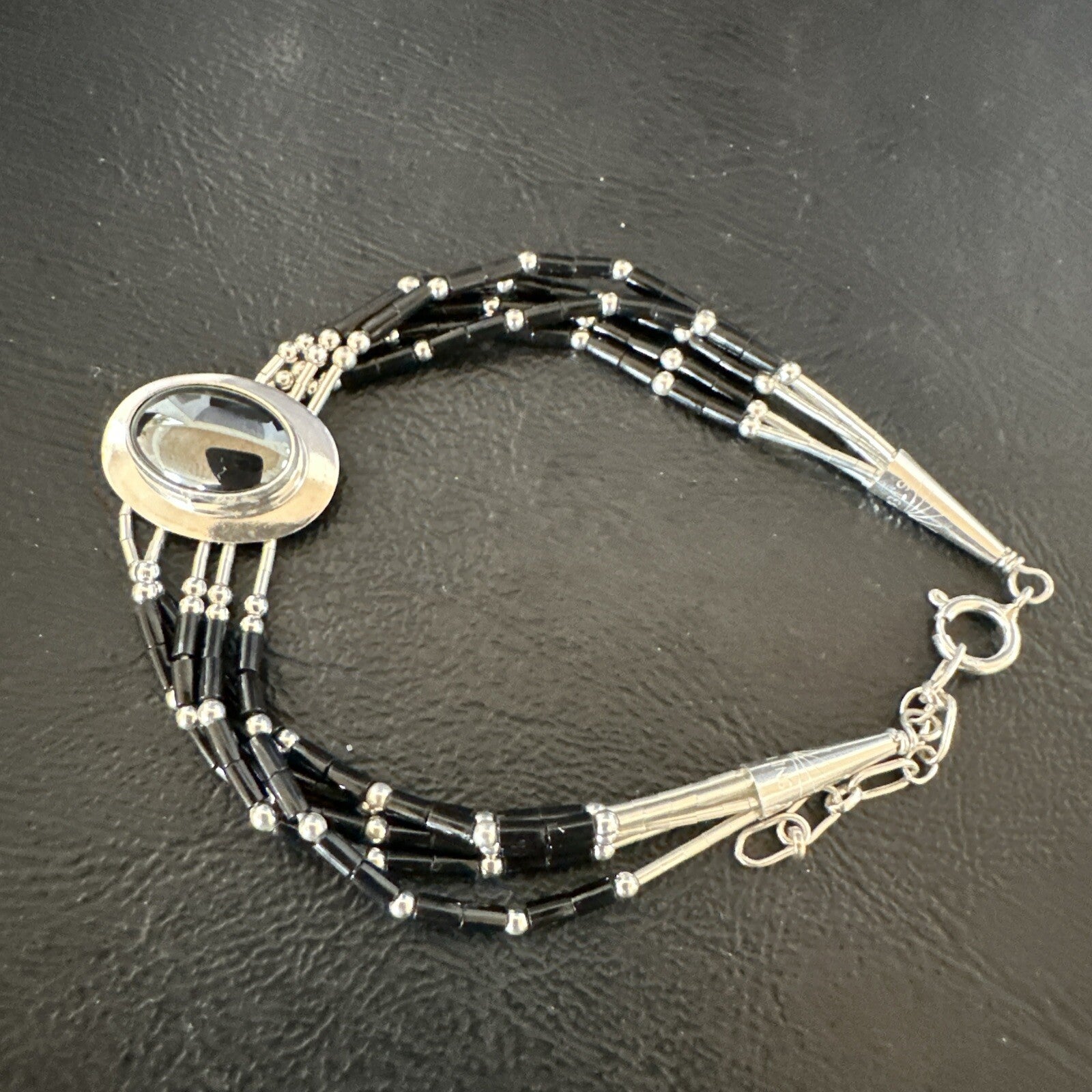 Black Onyx Heishi 5S Pend Southwestern Liquid Sterling Silver Bracelet 8” 17751
