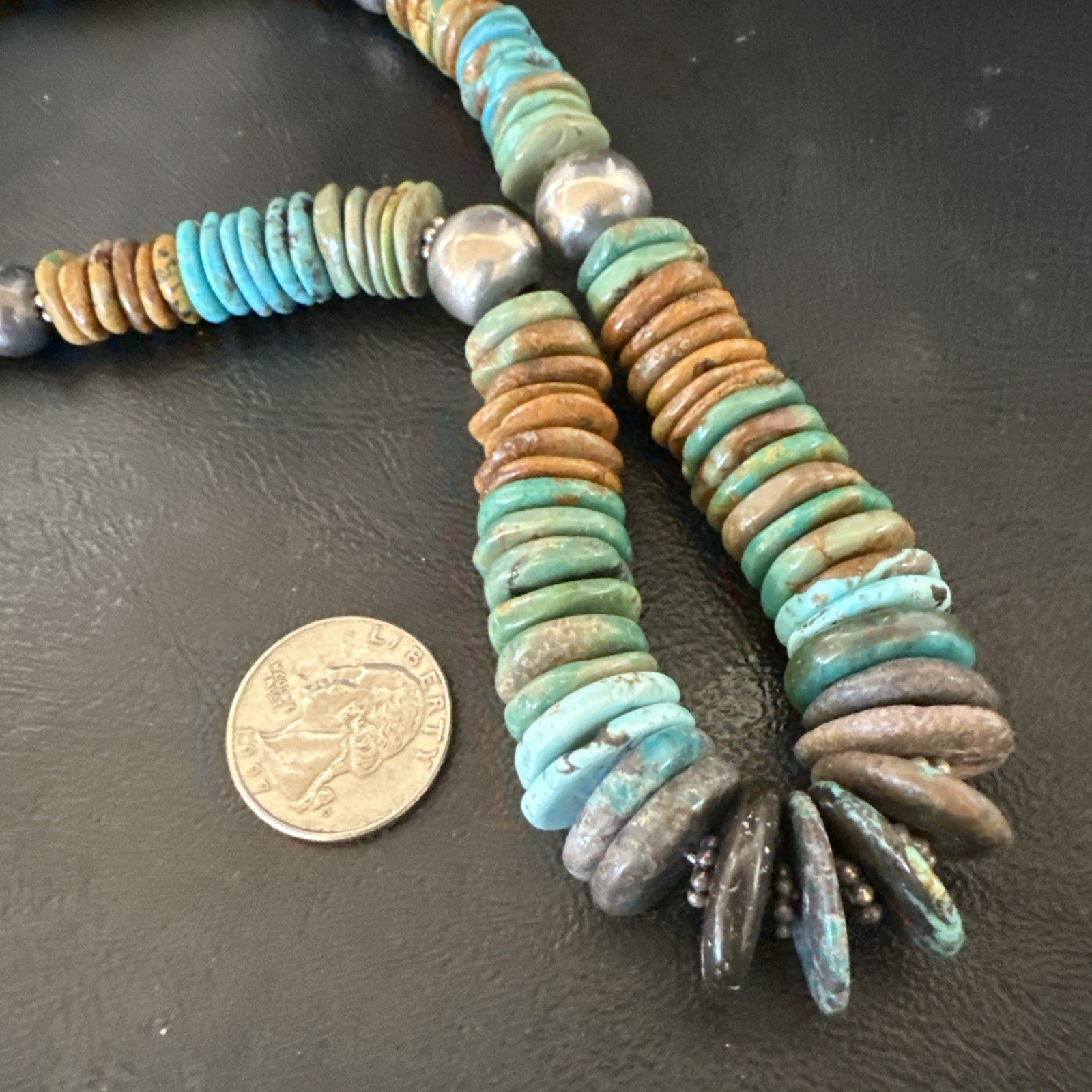 Blue Green Turquoise Navajo Sterling Silver Beads Necklace 20” 19176