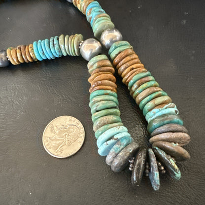 Blue Green Turquoise Navajo Sterling Silver Beads Necklace 20” 19176